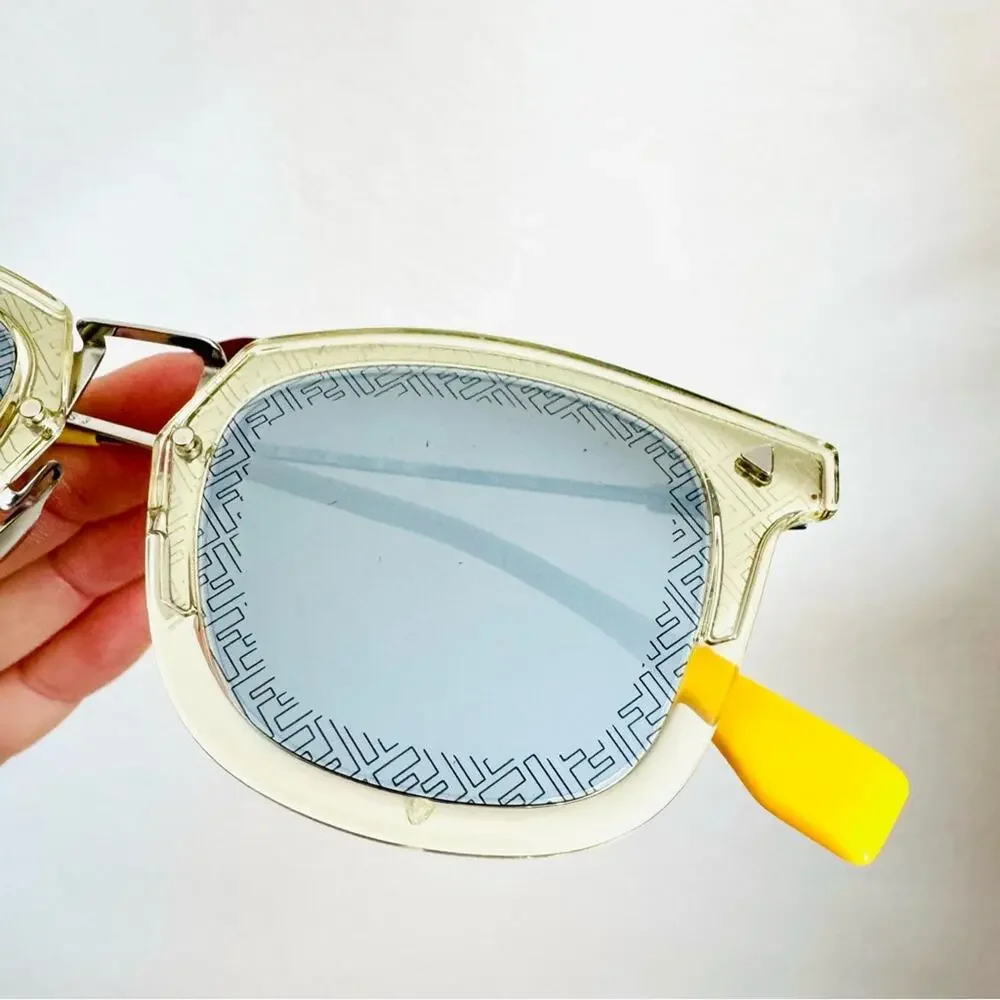 FENDI Logo Silver Yellow Metallic Grey Mirror Lens $595 Sunglasses Magnetic Case